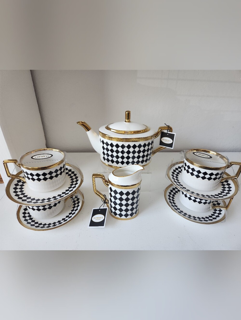 Almeria Black & White Check Harlequin Porcelain Tea Set - Gold Trim